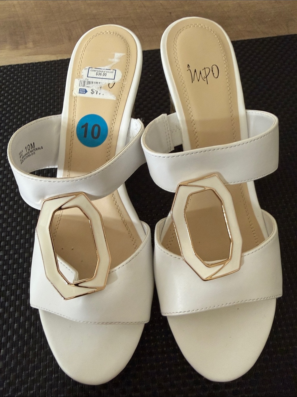Impo White Slide Mules with Gold Geometric Accent